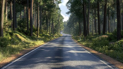 Fototapeta premium Scenic Drive Through Lush Pine Forest: A Tranquil Journey