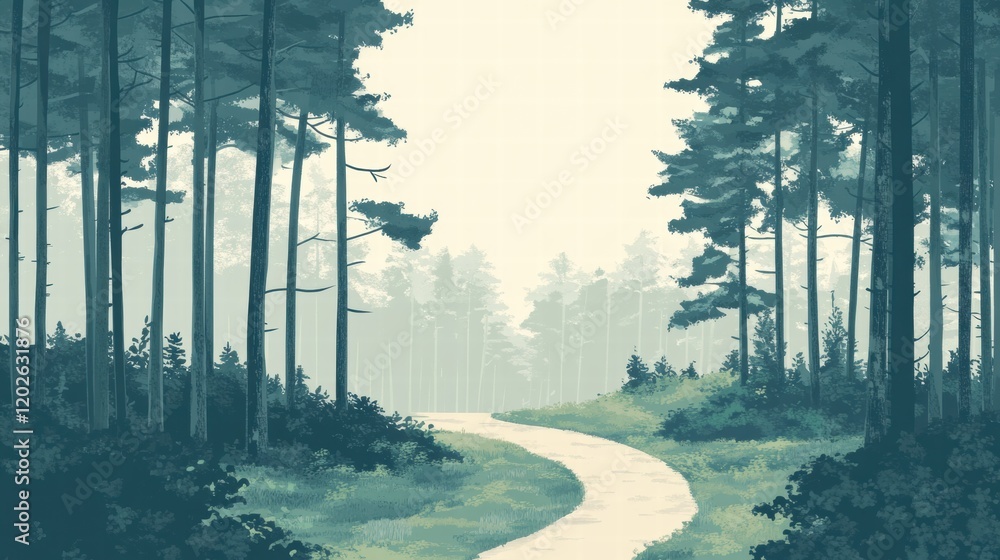 Aufkleber winding forest trail through tall trees in a serene woodland setting. generative ai
