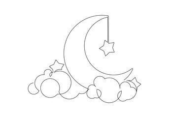 Continuous single line sketch drawing of moon crescent and star ramadhan kareem ied mubarak islamic symbol one line art vector illustration