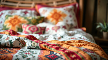 Fototapeta premium Vibrant Bohemian Bedding: Colorful Quilt and Pillows for a Cozy Bedroom. Ethnic Textiles and Home Decor