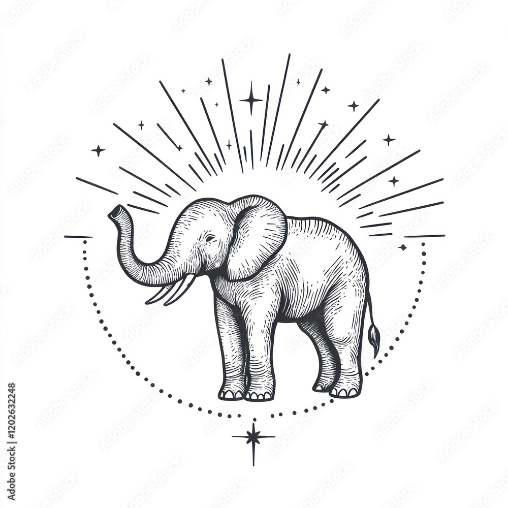 Poster sketch of an elephant inside a dotted circle and radiating lines for design use