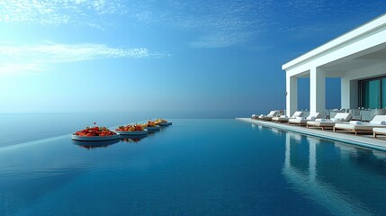Obraz premium A serene infinity pool with fruit displays, overlooking a tranquil sea under a clear sky.