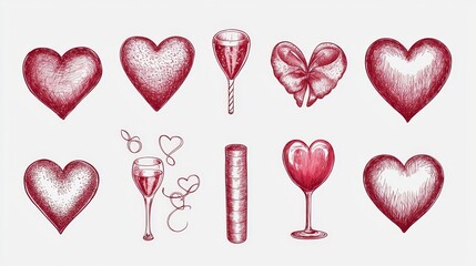Close-up view of hand-drawn love icons in vibrant red, isolated on a white background, delicate pencil sketch style, perfect for Valentine's Day themes