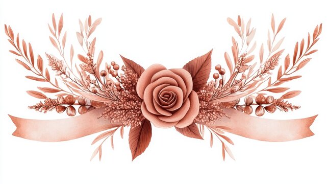 Close-up watercolor painting of delicate rose bouquets, vibrant botanical leaves, and soft pastels, isolated on a white background, elegant floral arrangement