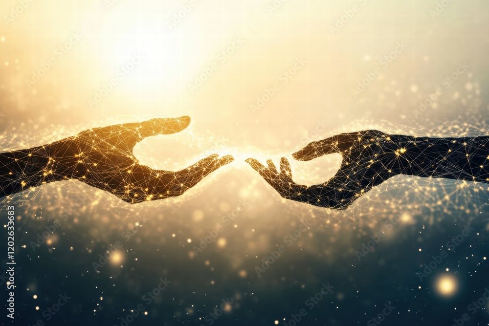 Leinwandbilder Hands extending connection lines signify unity and communication in a digital age. Generative AI