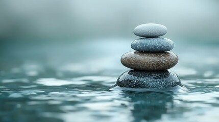 A serene stack of smooth stones balanced on water, symbolizing tranquility and mindfulness.