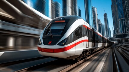 Naklejka premium Modern train speeding through city, skyscrapers blurred background, urban transport