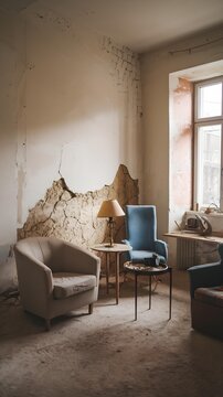 a room under renovation or abandoned with a striking contrast between decrepitude and modern furniture. The white walls are peeling