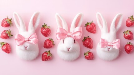 Adorable rabbit faces, detailed with soft fur textures, interwoven with strawberries and ribbon bows on a light pink backdrop, exuding sweetness