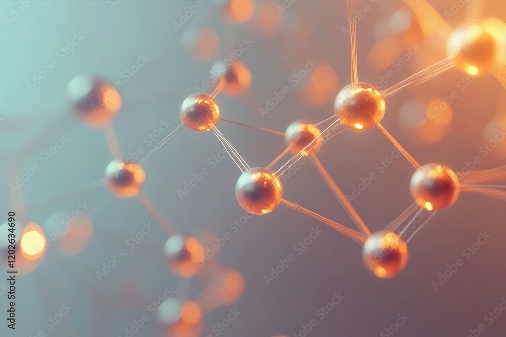 Aufkleber Close view of molecular structure showcasing glowing atoms and connecting bonds in a scientific setting. Generative AI