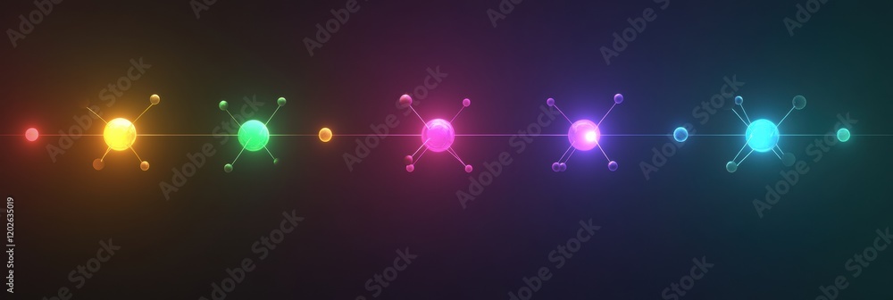 Fototapete Colorful abstract representation of molecular structures with glowing orbs and lines in a dark background. Generative AI