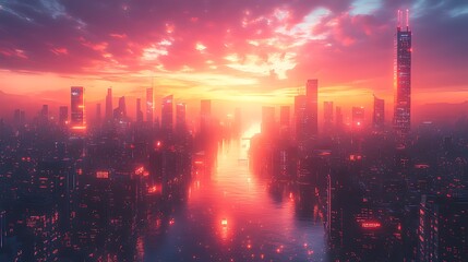 Fototapeta premium Futuristic city sunrise, river reflection, cityscape, vibrant sky, digital art