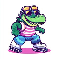 Obraz premium Cool crocodile roller skating, summer fun, cartoon illustration