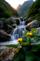 Fototapeta premium Mountain stream sunset cascade flowers nature