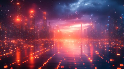 Fototapeta premium Futuristic city skyline, neon lights, stormy sunset, reflective road, digital art