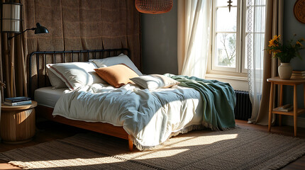 Sunlit Bedroom Interior Design: Cozy and Comfortable Home Decor with Natural Light and Wooden Elements
