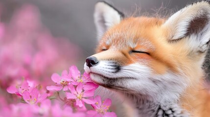 Obraz premium Red fox smelling pink blossoms, spring nature