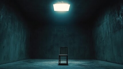 Solitary Confinement: A dimly lit, empty concrete room with a single chair, evoking themes of isolation, interrogation, and captivity.