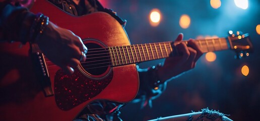 Naklejka premium Musician plays acoustic guitar on stage. Lights blur background. Stock photo