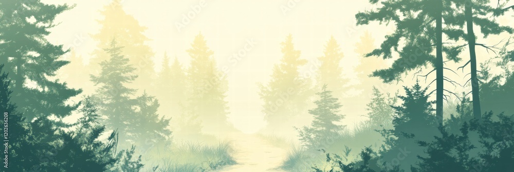 Aufkleber winding forest trail surrounded by tall trees and soft mist in early morning light. generative ai