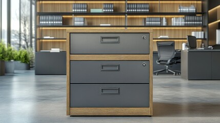 Modern office file cabinet, storage, shelves, workspace