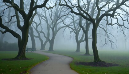 Misty Morning Park Path Winding Trees Foggy calm mood quiet green     