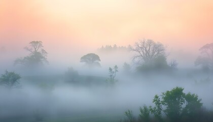 Fototapeta premium Misty Morning Landscape Serene Trees Peaceful Dawn fog sky art view 