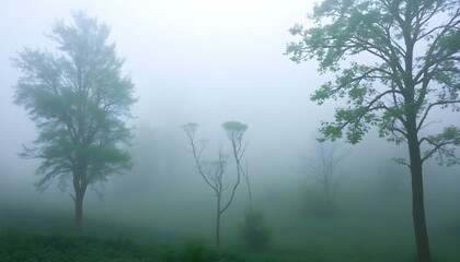 Fototapeta premium Misty Morning Trees Peaceful Green Nature Scene Fog Air Sky Calm Wood 