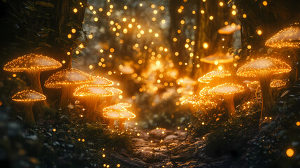 A magical forest scene with glowing mushrooms and enchanted lights in a vibrant dreamscape setting. Enchanted Fairy Forest. Illustration