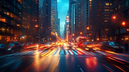 Obraz premium Night city street, traffic blur, skyscrapers, urban scene, travel
