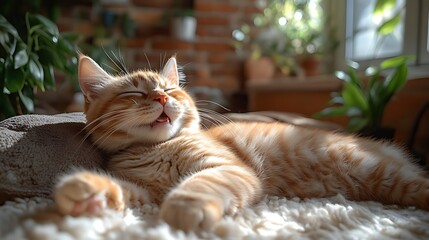 Ginger cat sunbathing, indoor plants, cozy room, happy