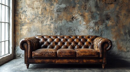 Vintage leather couch in rustic industrial space