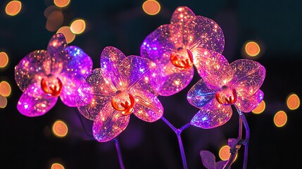   A close-up of several flowers illuminated by lights resembling their blooms on the stem's tips