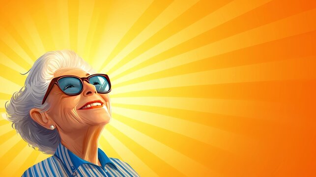 A happy old woman in a striped shirt, her eyes sparkling with stories of a lifetime, illustrated in a vintage pop art style, muted colors, high contrast, retro design