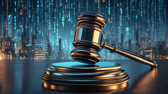 A futuristic digital rendering of a glowing gavel and sound block, symbolizing digital justice, cyber law, and the intersection of technology and the legal system. 
