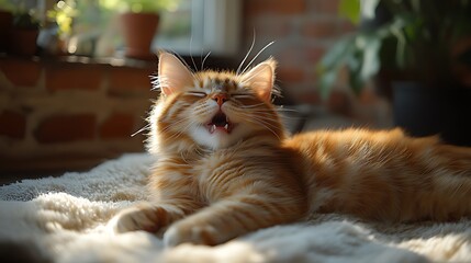 Obraz premium Ginger cat yawning sunlit room plants