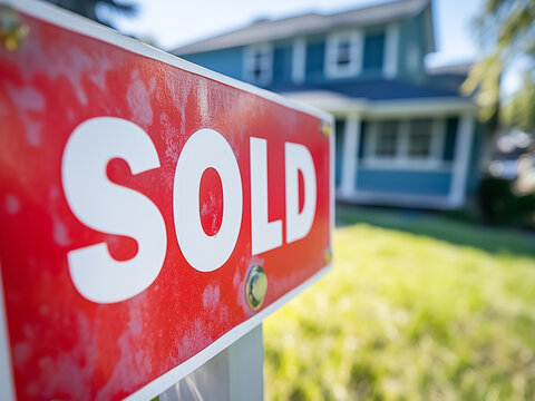 Sold Home For Sale Sign and House. House sold sign