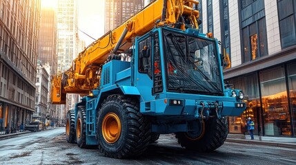 Obraz premium Blue and yellow crane truck on city street.