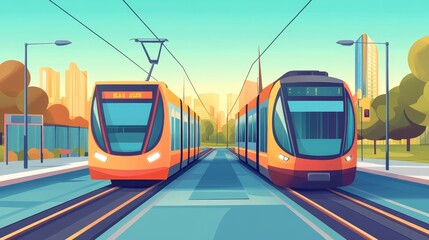 Public transportation systems flat design front view urban transit network cartoon drawing split