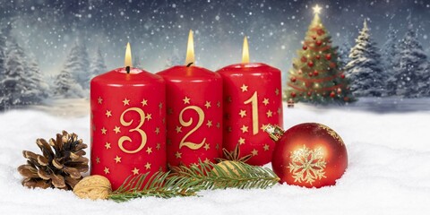 Third 3rd Advent with candle Christmas Christmas tree Christmas card for Christmas time Panorama with text free space Copyspace in Stuttgart, Germany, Europe