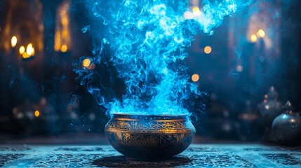 Blue flames rising from mystical bowl in dark setting