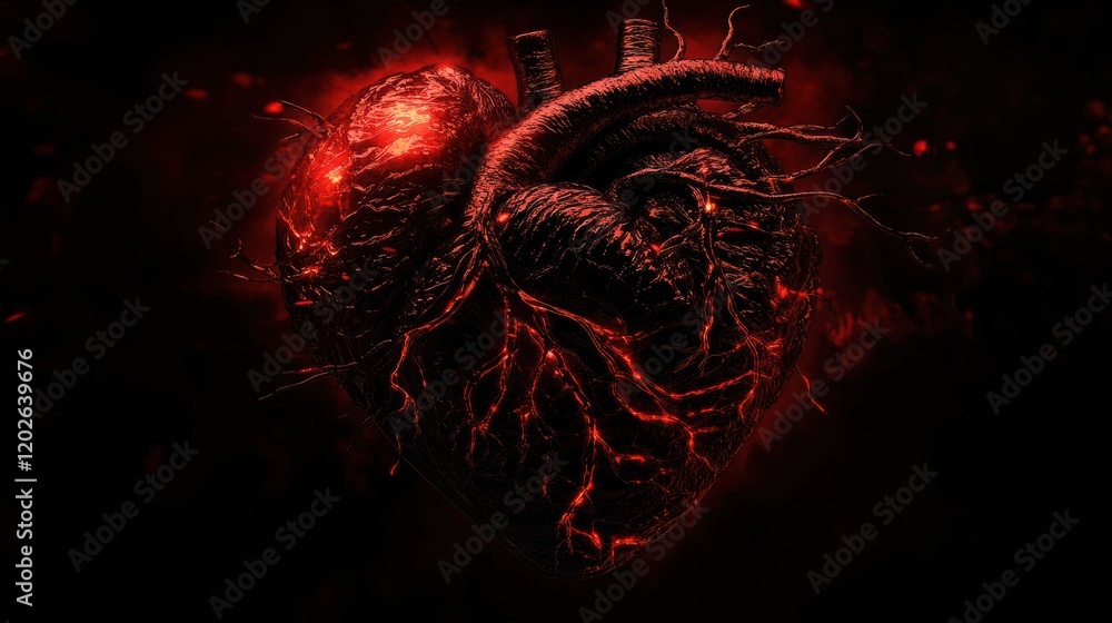 Leinwandbilder dark and dramatic heart imagery featuring intricate textures and glowing elements in a deep red hue.