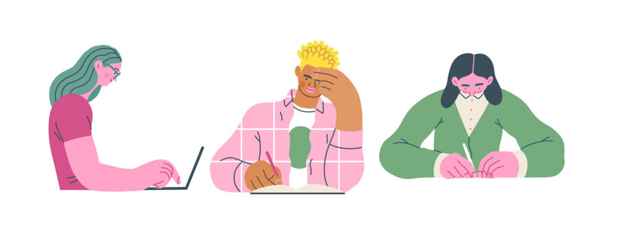 Writing people, modern flat vector concept illustrations set people writing on paper or device. Metaphor for reflection, insight, contemplation, creative expression