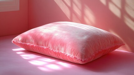 A soft pink pillow rests on a matching surface, illuminated by gentle sunlight through a window.