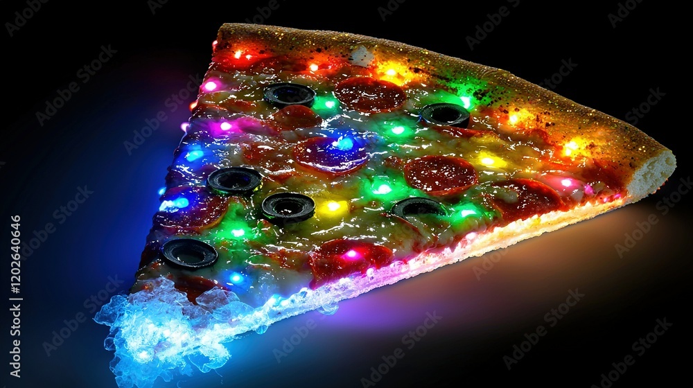 Poster a close-up of a slice of pizza under bright lights next to another slice