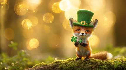 Fototapeta premium Playful Fox Holding Shamrock in a Forest Wonderland. Concept of St. Patrick's Day, Irish Folklore, Nature Magic. Copy space