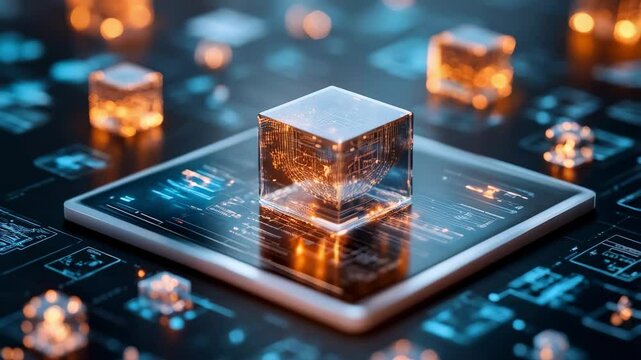 Illuminated Transparent Cube with Circuit Patterns and Glowing Elements on Digital Interface, Representing Technology, Innovation, and Data Visualization