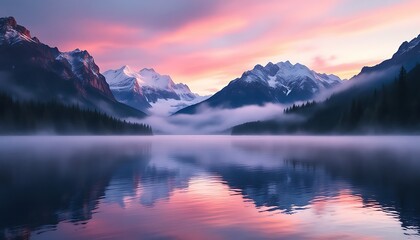 Misty Mountain Lake at Sunrise: Serene Pink and Purple Landscape