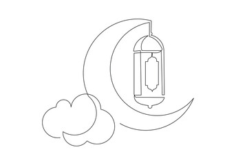 Continuous single line sketch drawing of moon crescent and lantern lamp ramadhan kareem ied mubarak islamic symbol one line art vector illustration