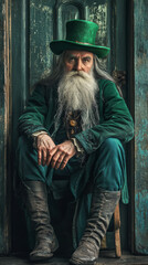 Elderly man with a long white beard sitting in a rustic setting wearing a green hat and coat. Concept of traditional clothing, vintage style, contemplative moments. St. Patrick's Day. Vertical